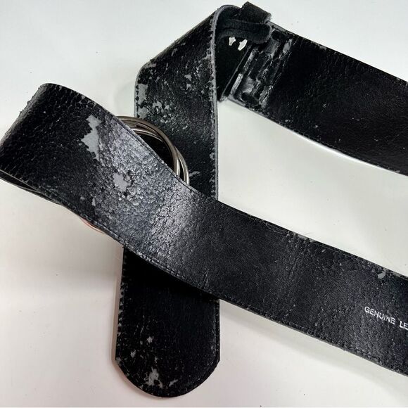 Killer Vintage 1970s Black Oversized Suede Leather Whipstitch Silver Ring Belt main image 6